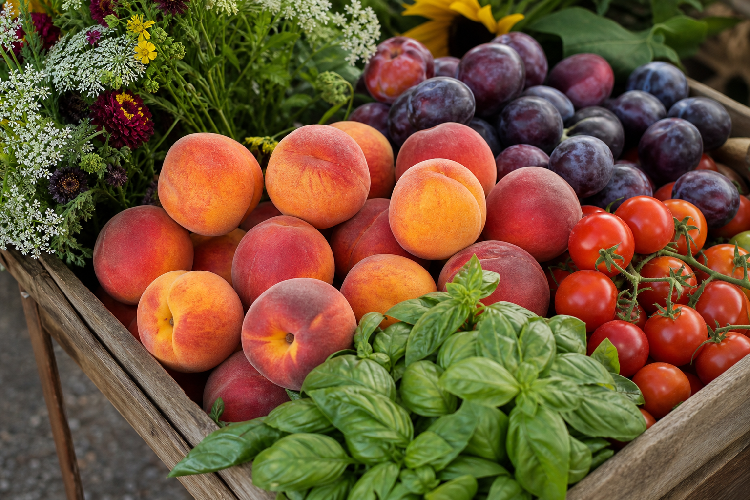 Seasonal fruit gathered at a farmers market