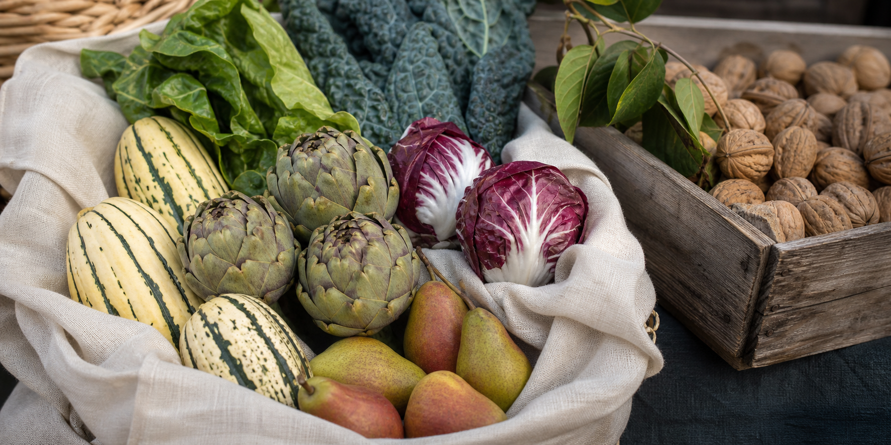 Seasonal vegetables gathered at a farmers market