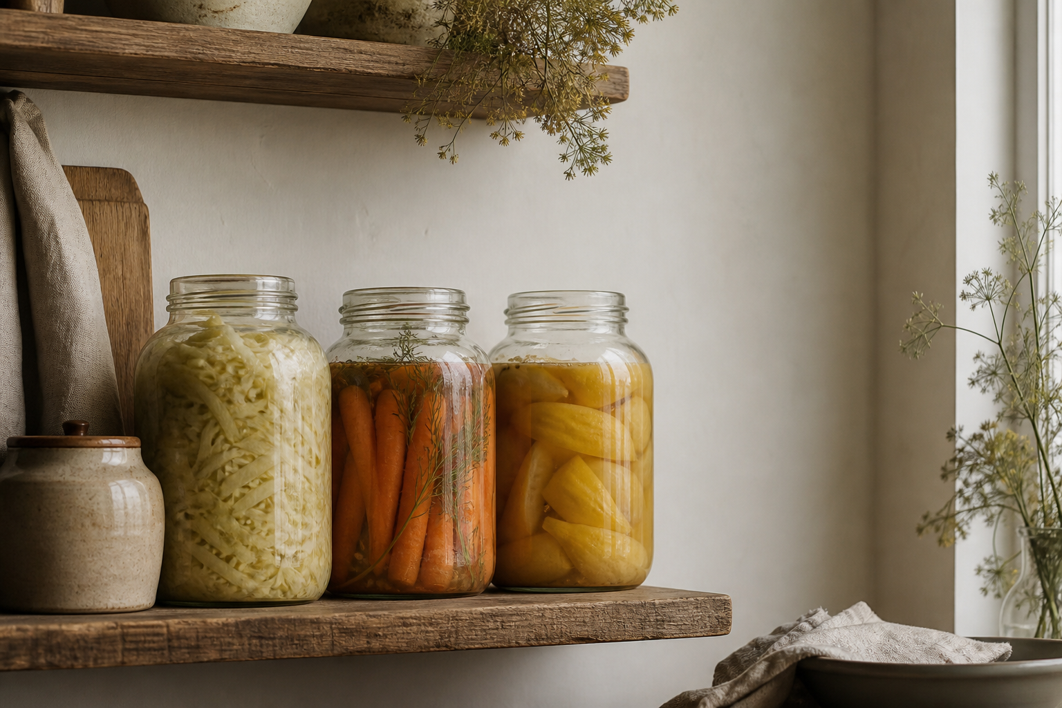Unlabeled jars of fermented vegetables on a rustic pantry shelf