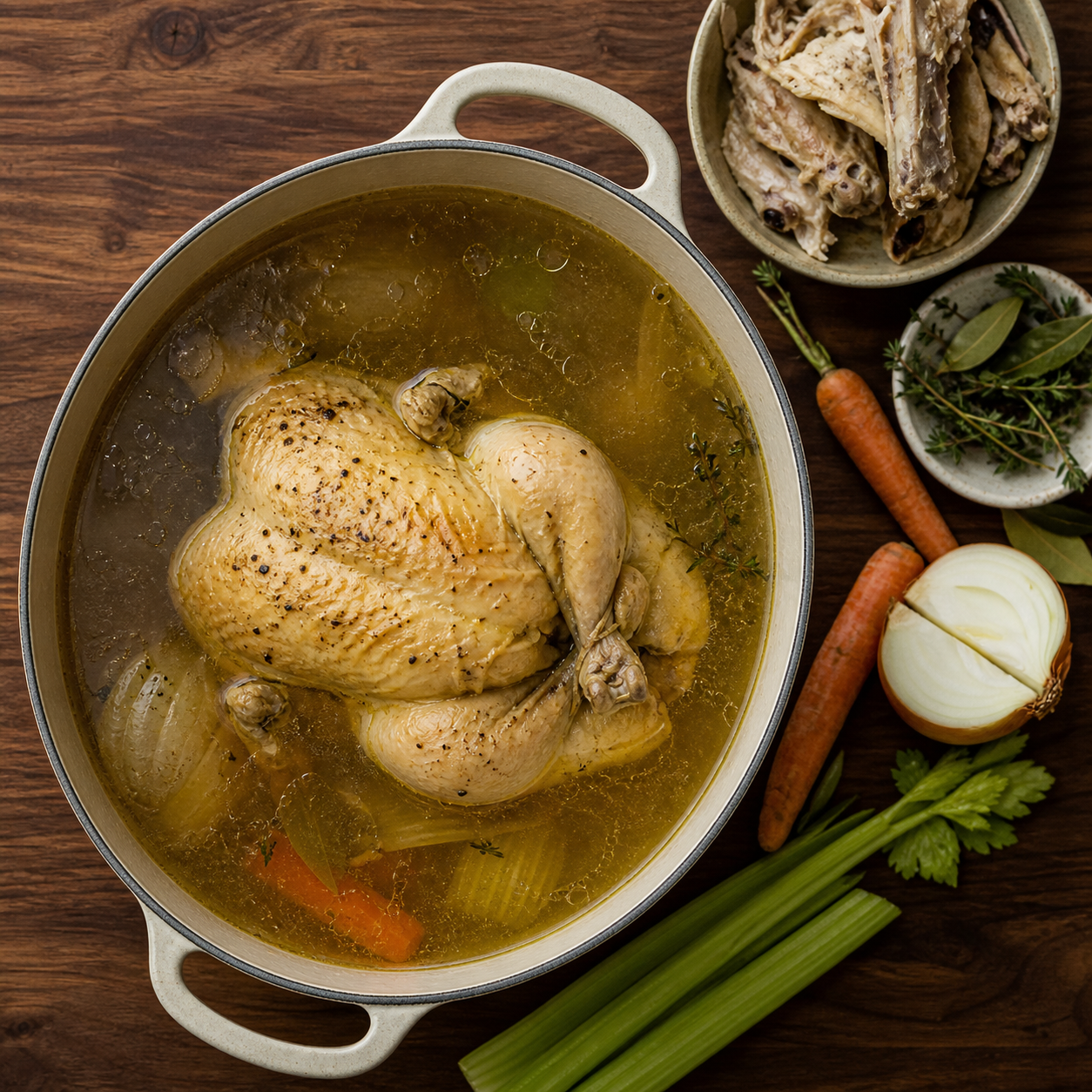 Golden stock made with roasted bones and vegetable trimmings